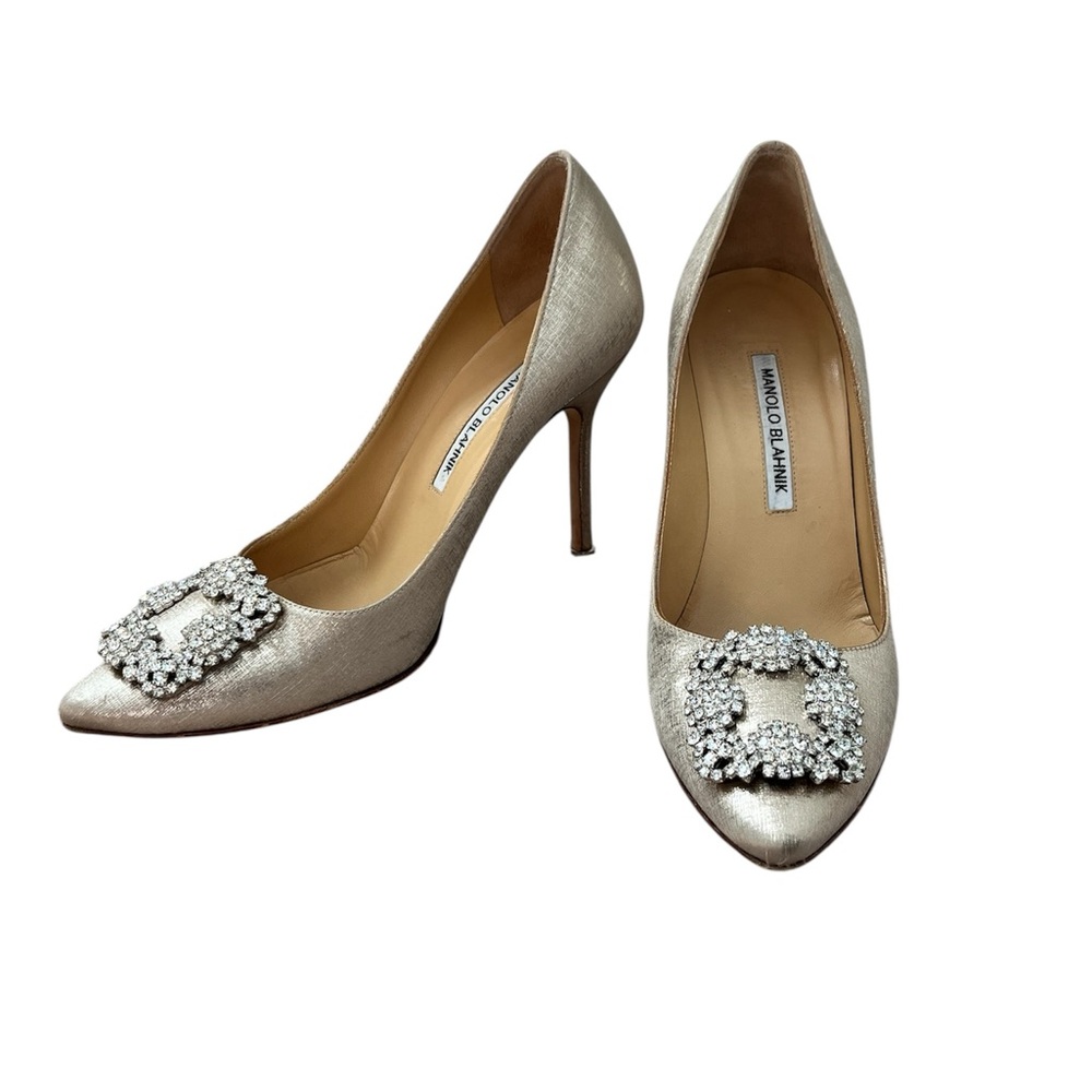 Manolo Blahnik Elegant Gold Heels with crystal square at toe
